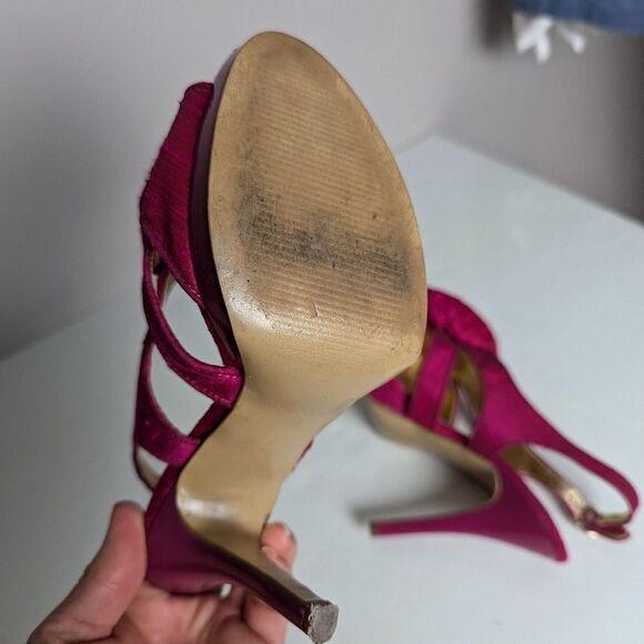 Nine West Fuchsia Silk Slingback Heels – Rosette Front, Size 5, 4” Stiletto - Picture 9 of 12